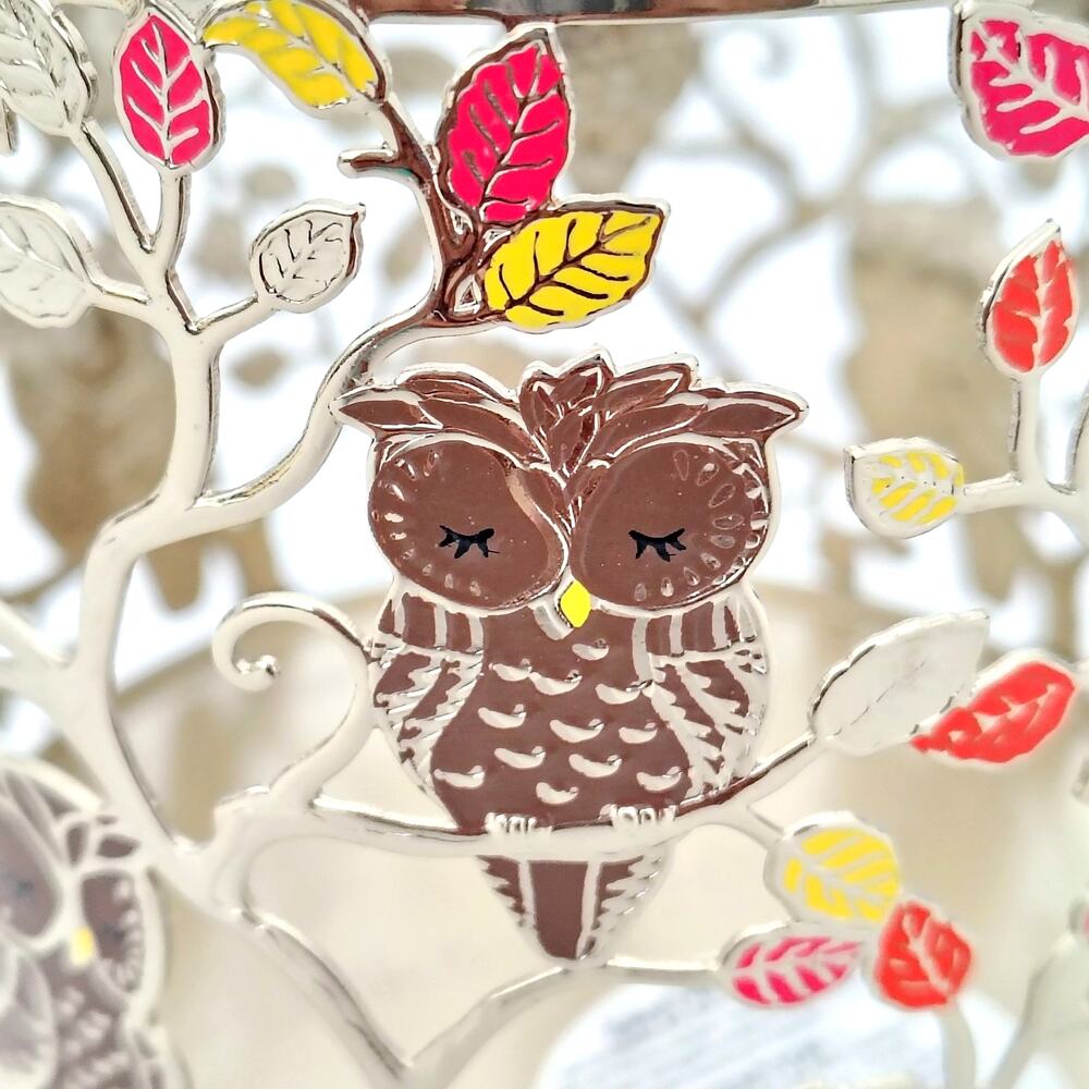 Bath & Body Works Sleeping Owl Gold Metal 3 Wick Candle Holder Leaves Fall Color - Picture 8 of 8